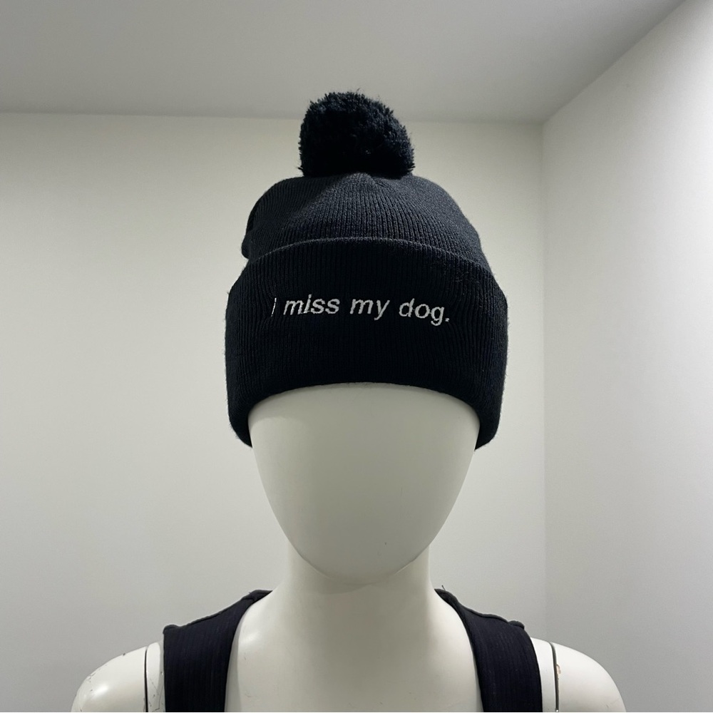 I Miss My Dog Black Toque with Pom Pom and White Print One Size